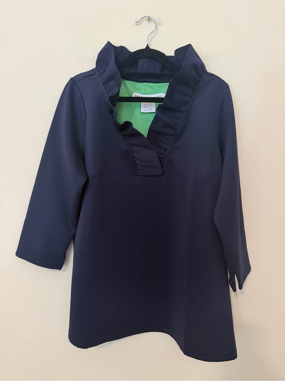 Gretchen Scott Navy Blue Blouse Size Large Stand Up Collar Preppy Minimalist